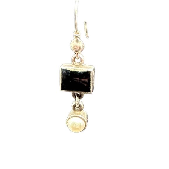 Sterling Silver Dangle Earrings Square Black Onyx with dangle faux pearl cabocho - Picture 11 of 11